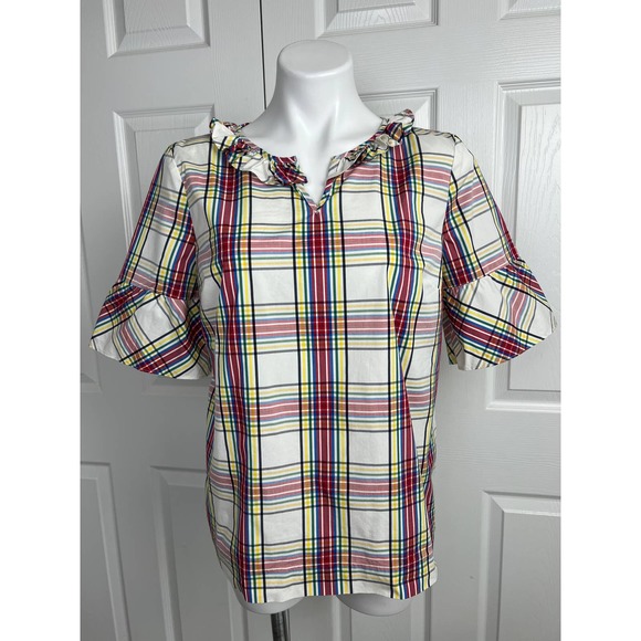 Talbots Short Sleeve Ruffle Top Cream Plaid Size LP - Picture 2 of 12